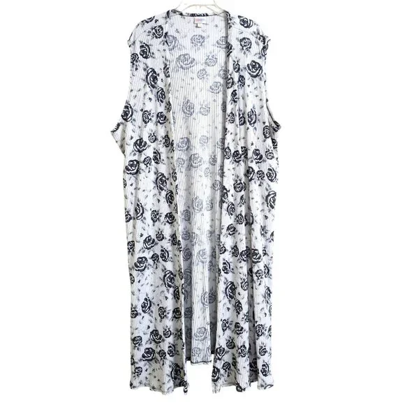 LuLaRoe Plus Size 3X Joy Open Long Longline Vest Cardigan Rose Print Black White - Picture 2 of 12